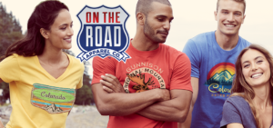 Smiling friends wearing colorful Colorado graphic t-shirts