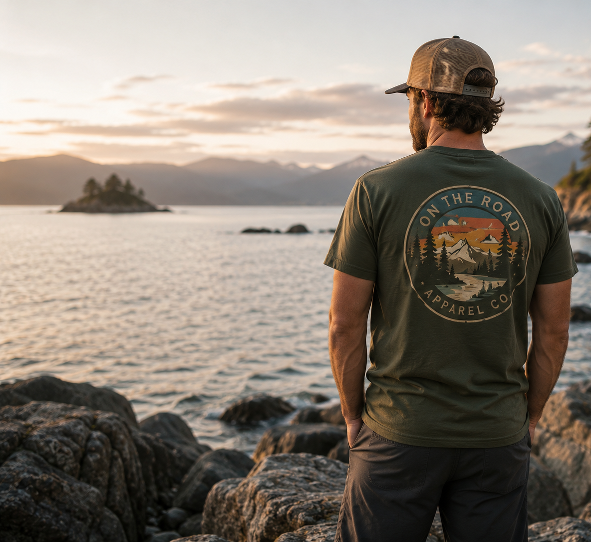 Man overlooking rocky coast at sunset