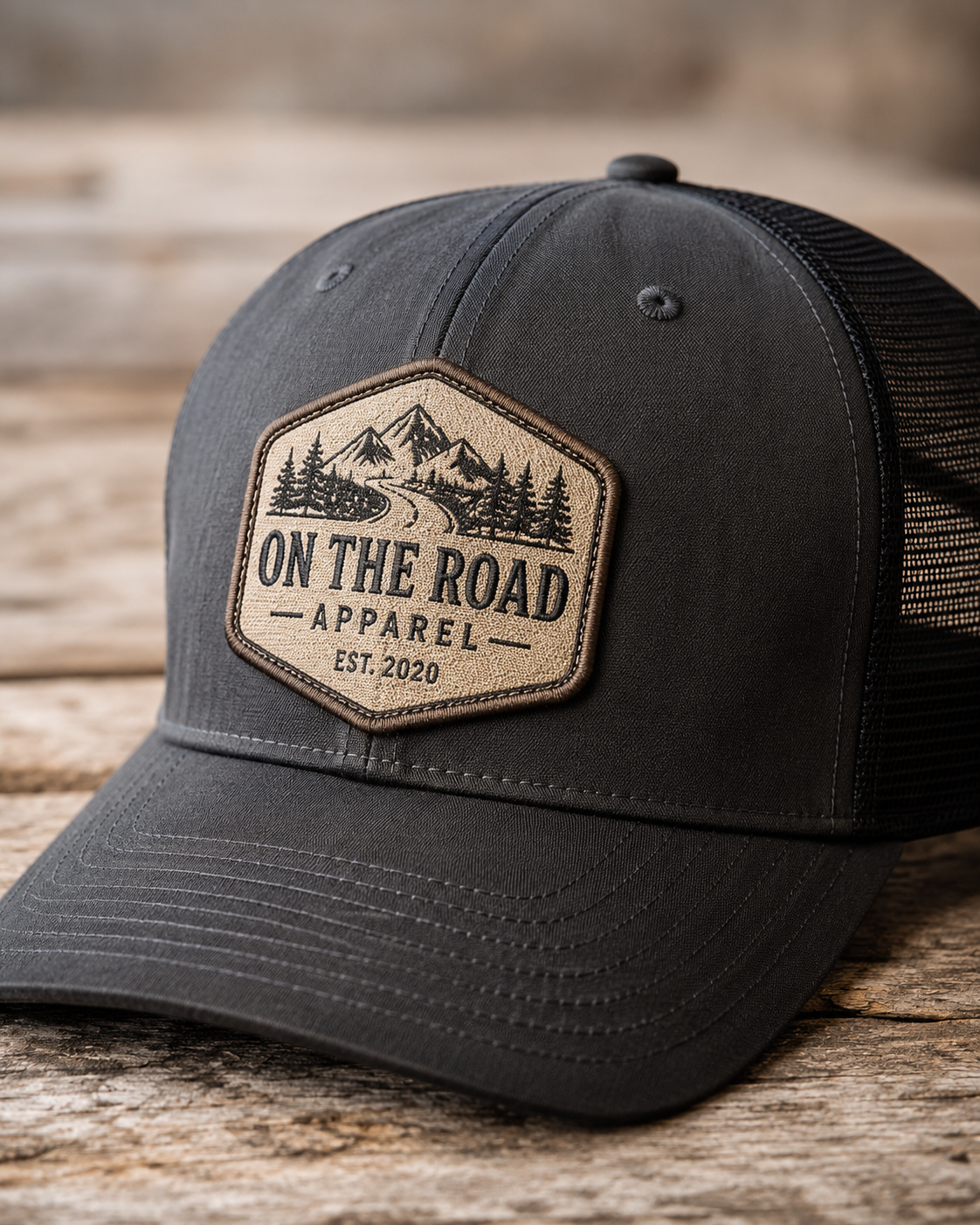Charcoal trucker hat with embroidered mountain patch