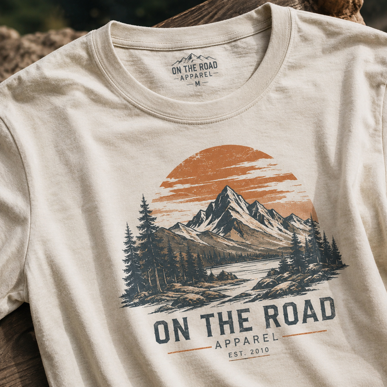 Beige t-shirt with mountain graphic and text