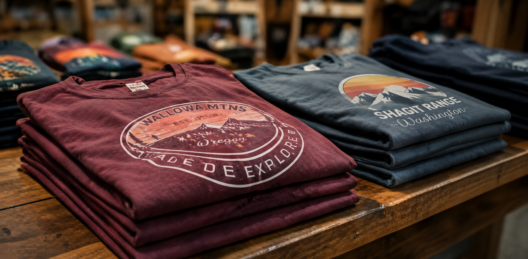 Stack of folded mountain-themed souvenir t-shirts