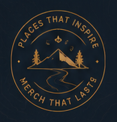 Round gold mountain logo with moon and text