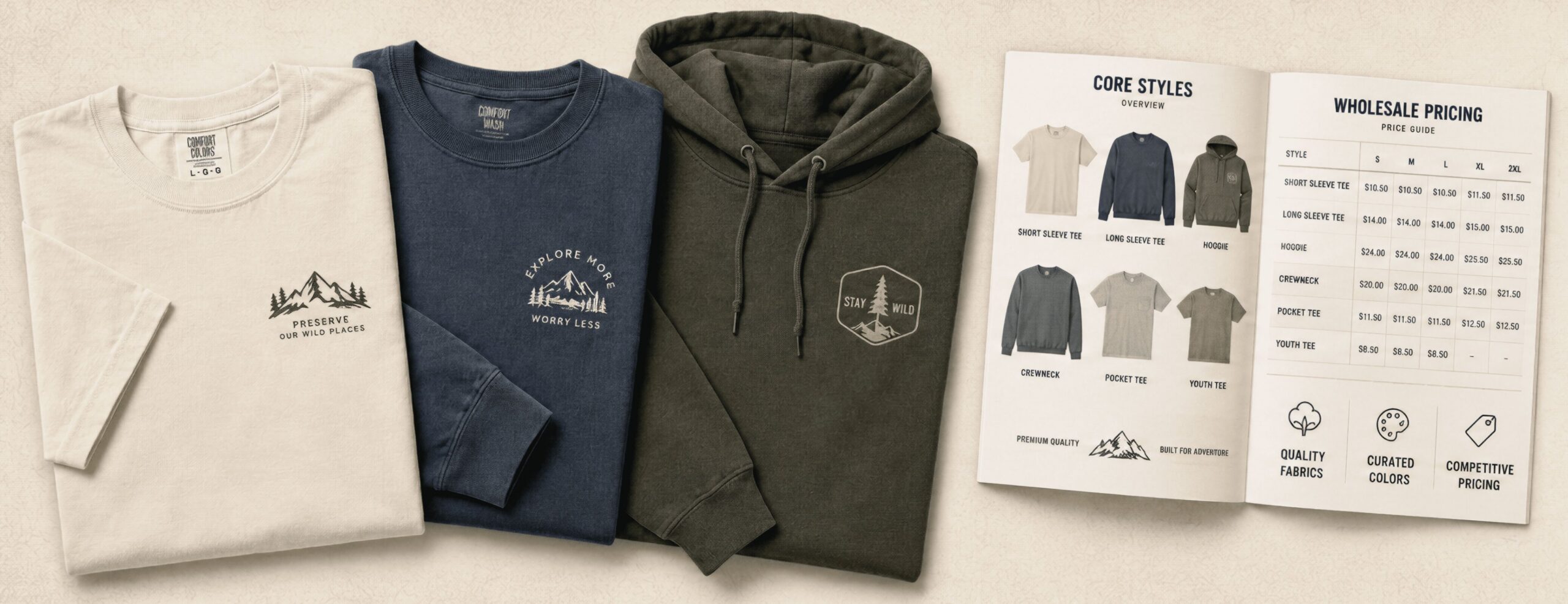 T-shirts and hoodie with pricing brochure