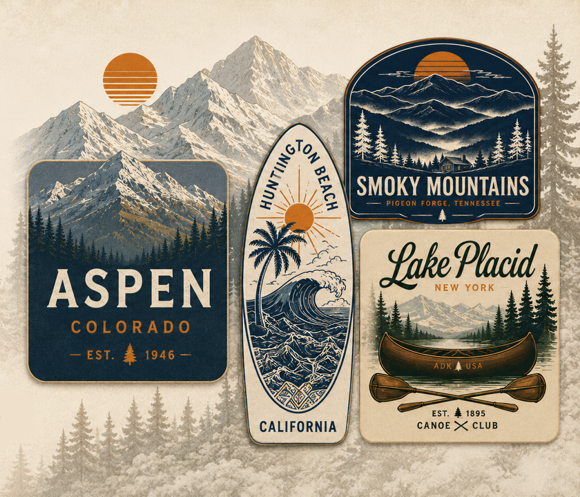 Vintage outdoor travel badges for U.S. destinations