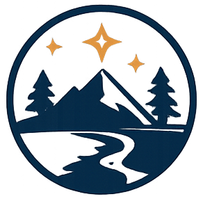 Mountain landscape badge with stream and stars