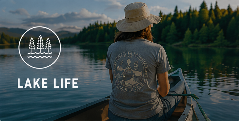 Person in sunhat sitting in canoe on lake