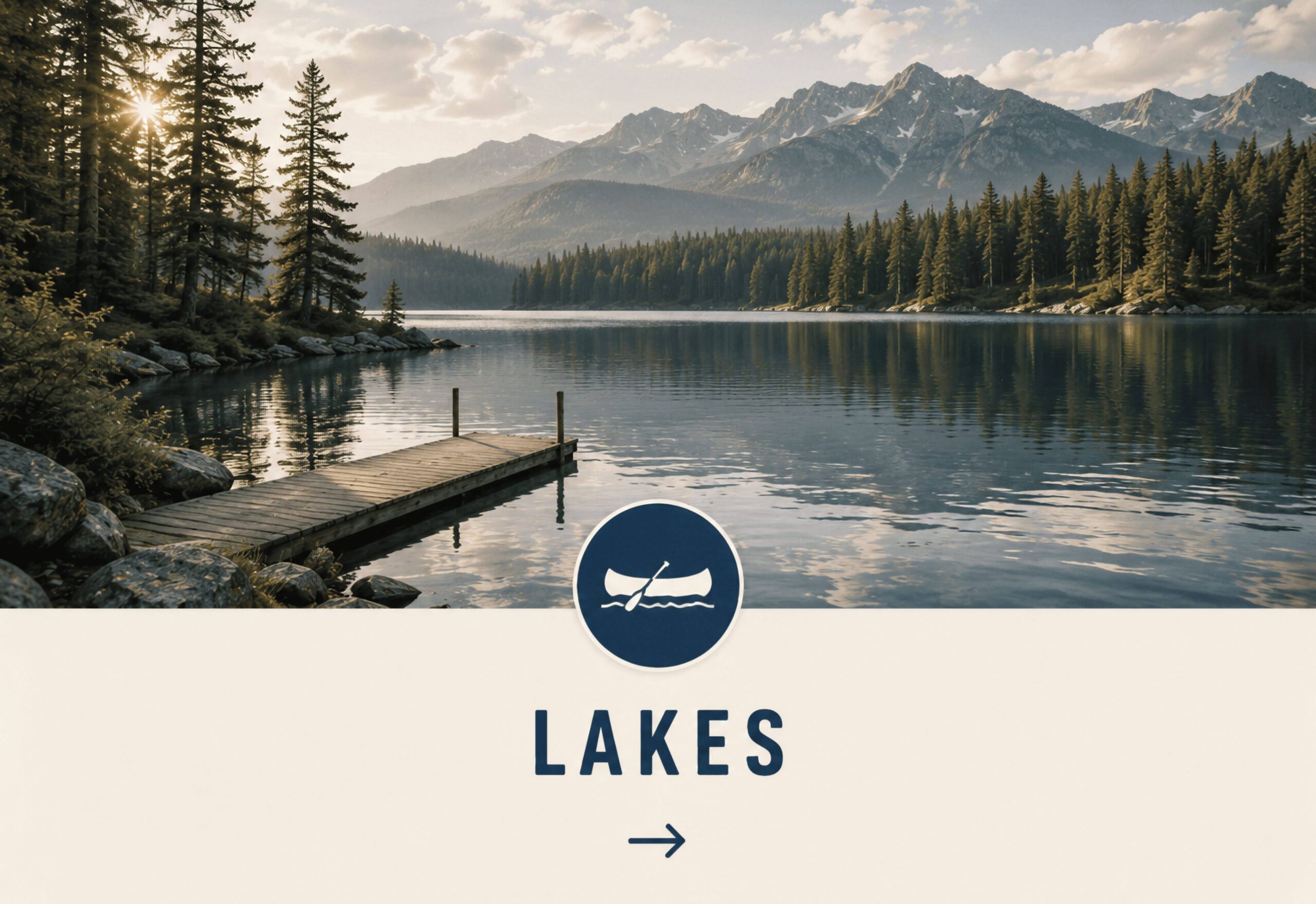 Mountain lake with wooden dock and forest