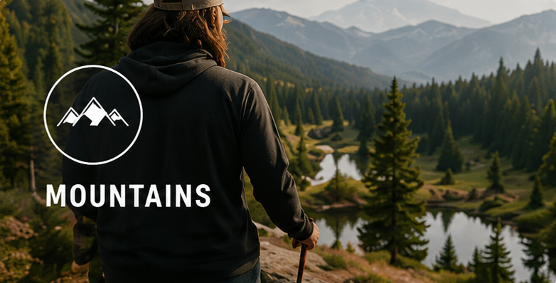 Hiker overlooking alpine lake and mountain valley