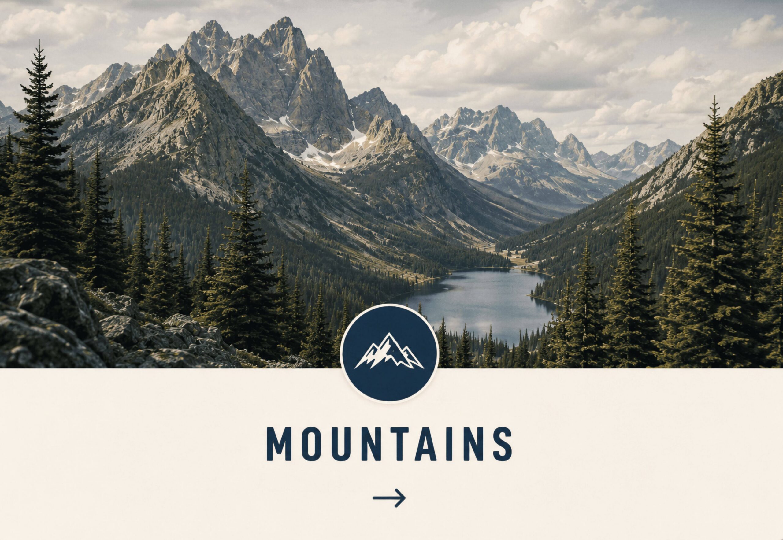 Scenic mountain range with lake and pine forest