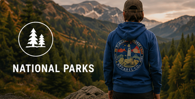 Person in hoodie overlooking national park mountains