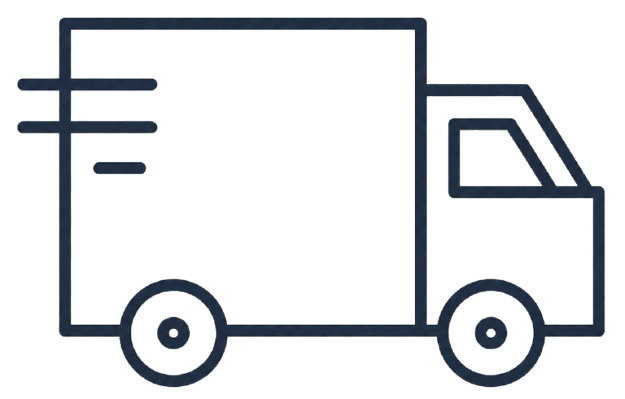 Blue outlined delivery truck icon with speed lines